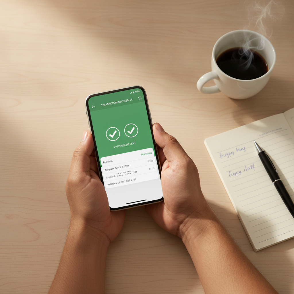 Hands holding smartphone showing successful payment transaction in mobile banking app